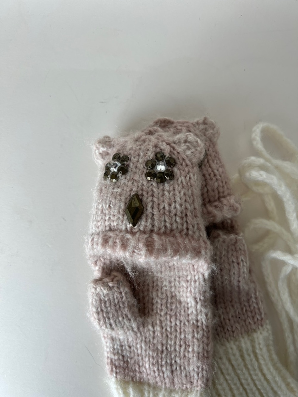 Kids Owl Knit Convertible Mittens with Jewel Accents - Pink & Cream Acrylic Yarn
